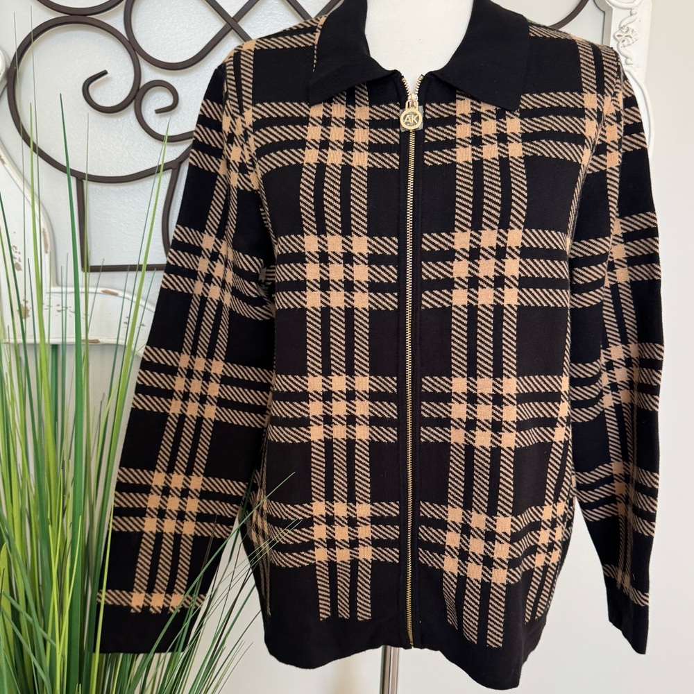 New! ANNE KLEIN Size XL Full Zip Women’s Collared Black & Tan Sweater